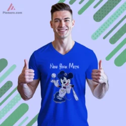 Royal blue V neck tee with playful New York mascot look