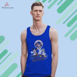 Royal blue tank top with cheerful Mets trio graphic