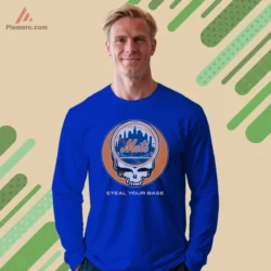 Royal blue long sleeve tee for music and baseball lovers