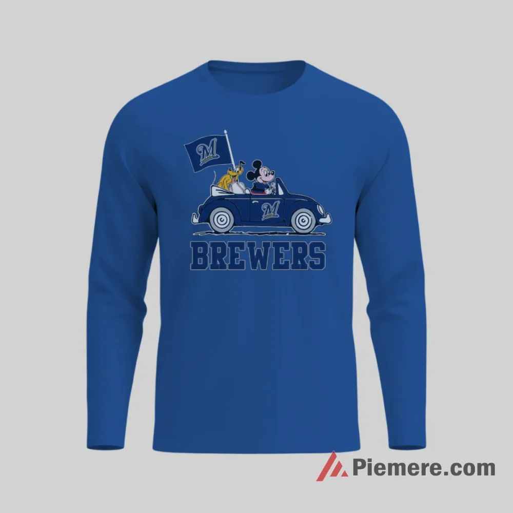 Mickey And Pluto Milwaukee Brewers Road Trip Cartoon Shirt on royal blue long sleeve shirt for men graphic tee