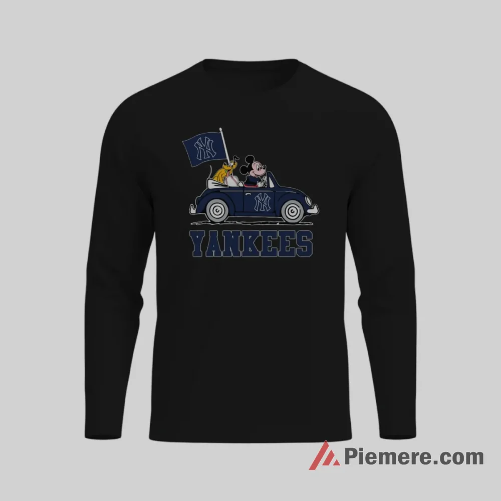 Mickey And Pluto Yankees Road Trip Baseball Shirt on black long sleeve shirt for men graphic tee