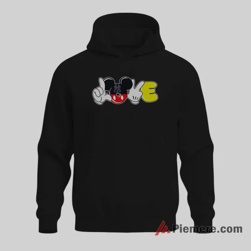 Mickey Hand Heart Yankees Love Sports Shirt on black hoodie for men graphic tee