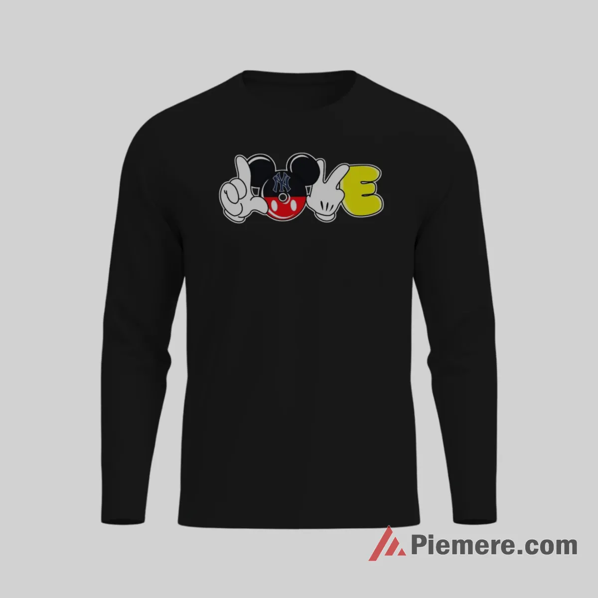 Mickey Hand Heart Yankees Love Sports Shirt on black long sleeve shirt for men graphic tee
