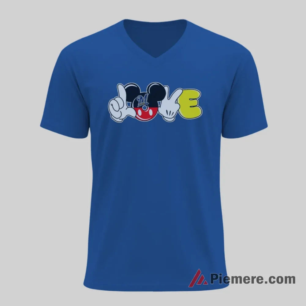 Mickey Love Hands Milwaukee Brewers Cartoon Shirt on royal blue v-neck shirt for men graphic tee