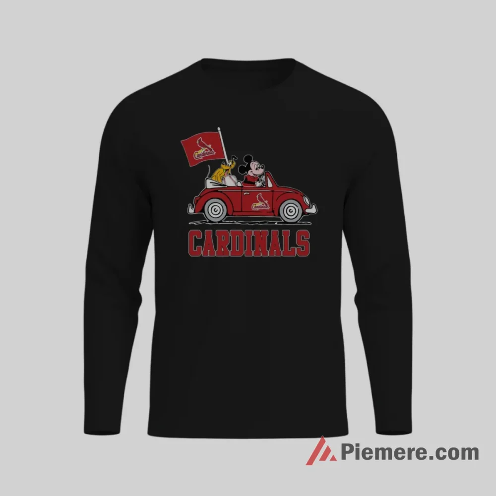 Mickey Mouse And Pluto Road Trip St Louis Cardinals Shirt on black long sleeve shirt for men graphic tee