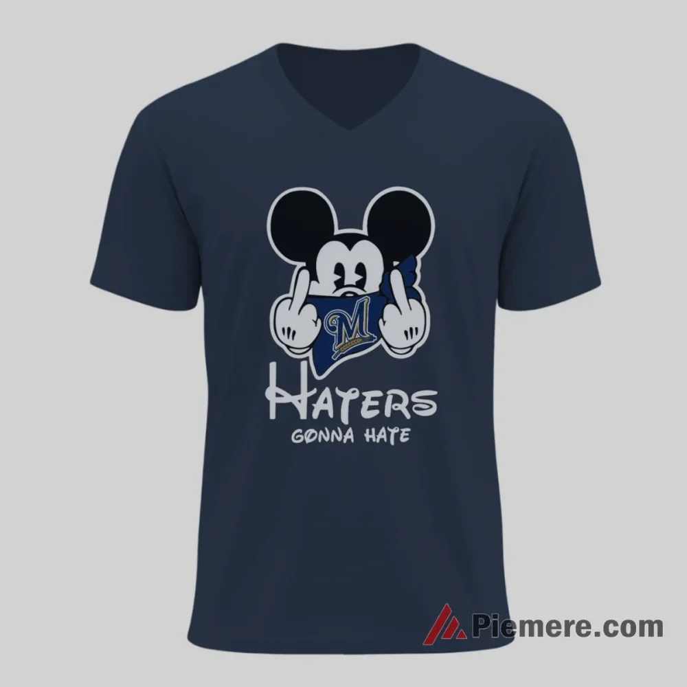Mickey Mouse Haters Gonna Hate Milwaukee Brewers Fan Shirt on navy v-neck shirt for men graphic tee