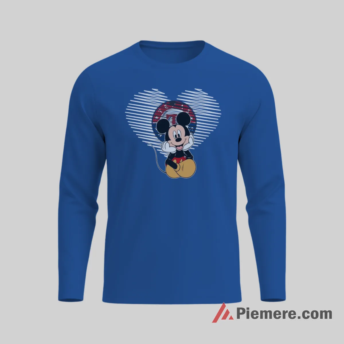 Mickey Mouse Heartfelt Texas Rangers Baseball Fan Shirt on royal blue long sleeve shirt for men graphic tee