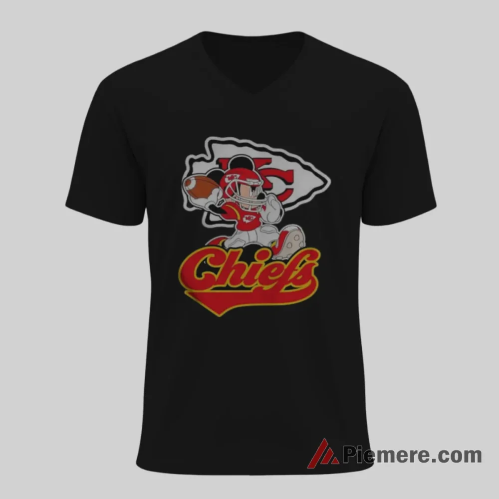 Mickey Mouse Kansas City Chiefs Arrowhead Script Runner Shirt on black v-neck shirt for men graphic tee