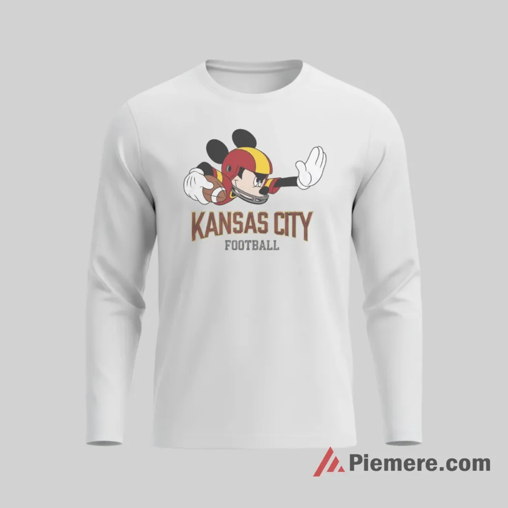 Mickey Mouse Kansas City Chiefs Classic Football Pose Shirt on white long sleeve shirt for men graphic tee