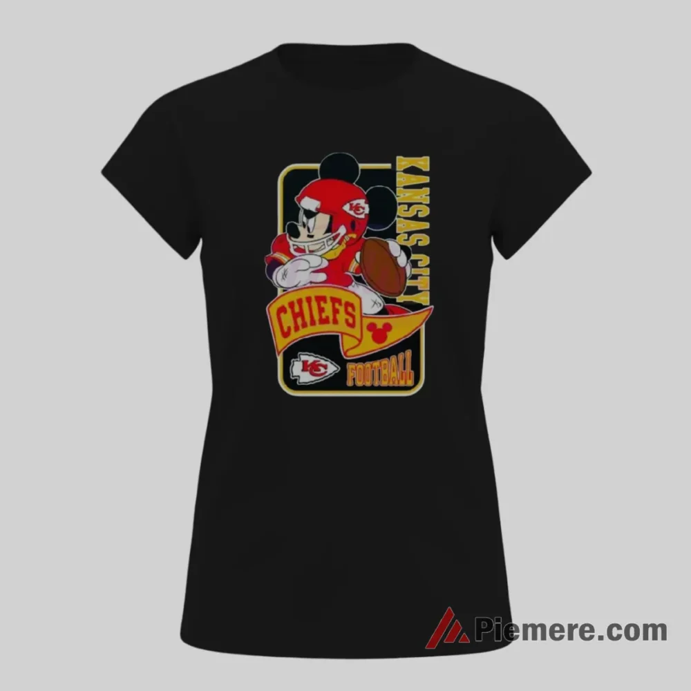 Mickey Mouse Kansas City Chiefs Helmet Banner Football Shirt on black short sleeve shirt for women graphic tee