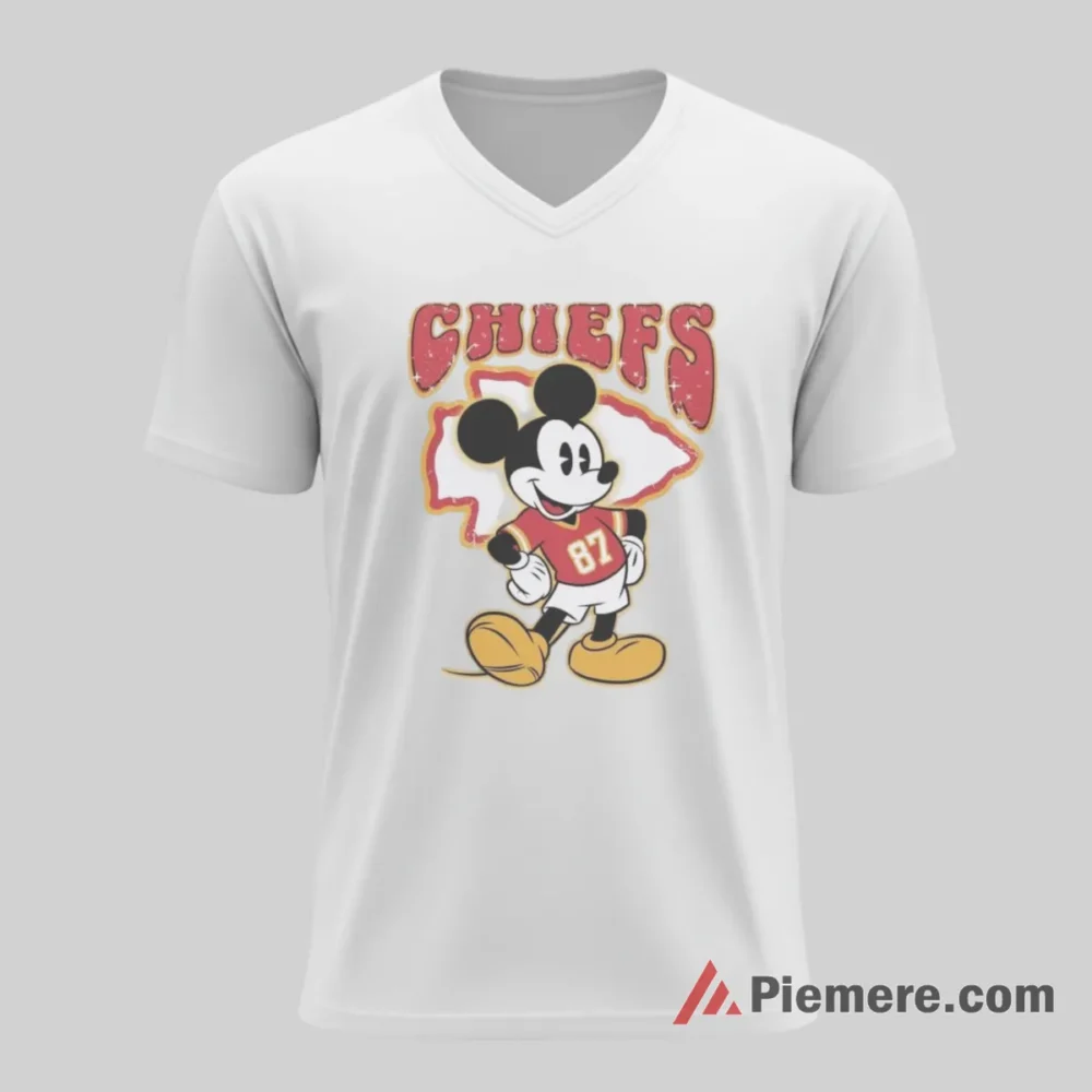 Mickey Mouse Kansas City Chiefs Jersey 87 Vintage Outline Shirt on white v-neck shirt for men graphic tee