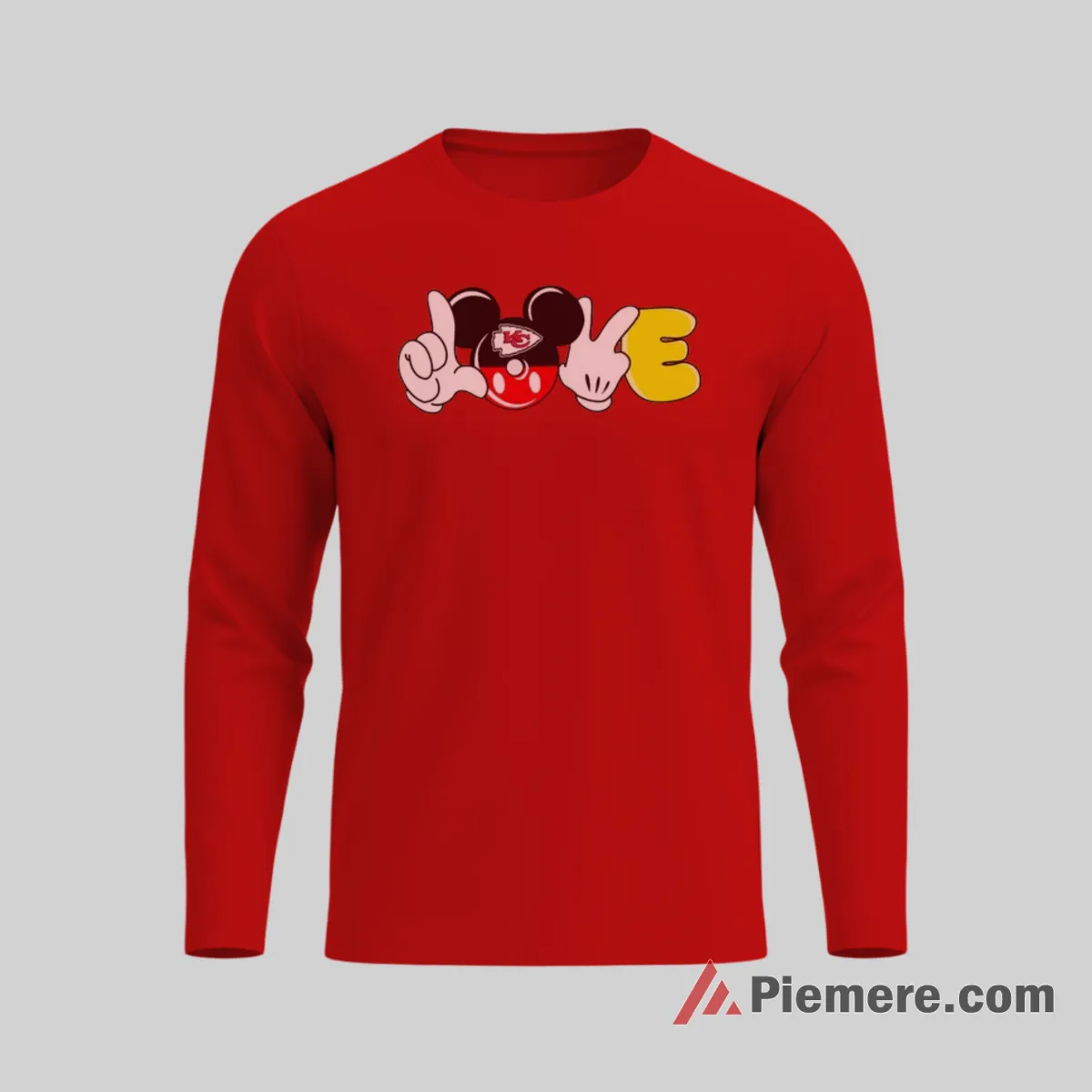 Mickey Mouse Kansas City Chiefs Love Mashup Fan Shirt on red long sleeve shirt for men graphic tee