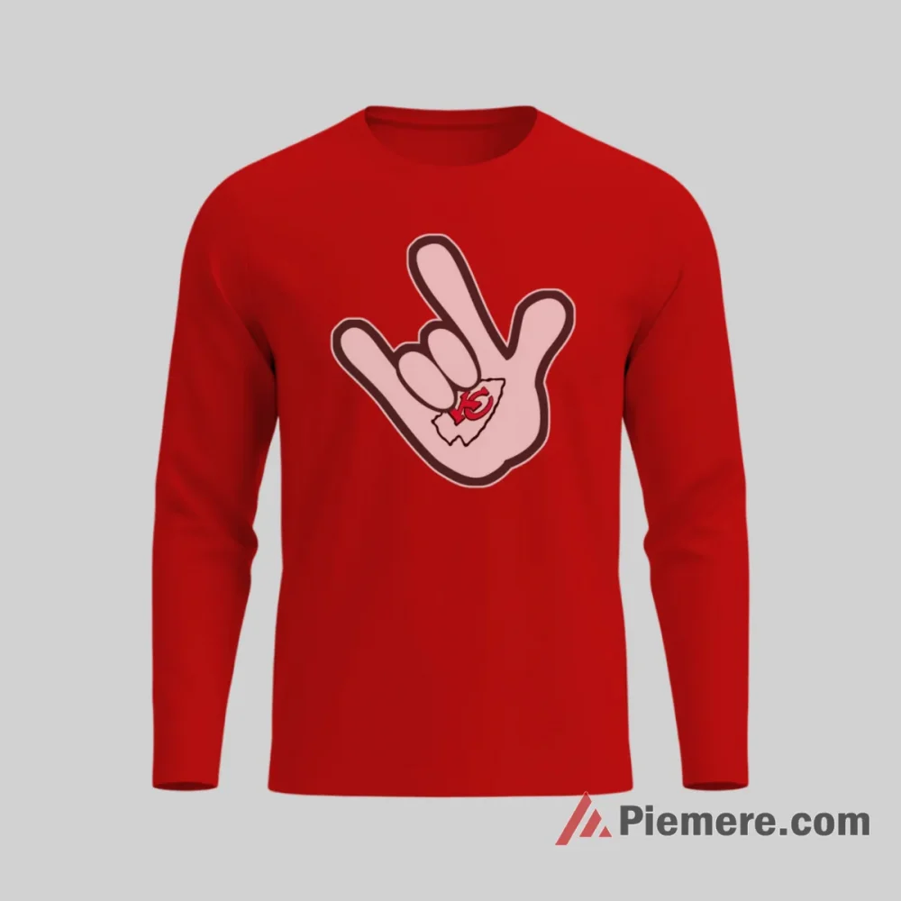 Mickey Mouse Kansas City Chiefs Rock Hand Fan Shirt on red long sleeve shirt for men graphic tee
