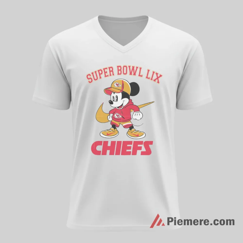 Mickey Mouse Kansas City Chiefs Super Bowl Lix Victory Shirt on white v-neck shirt for men graphic tee