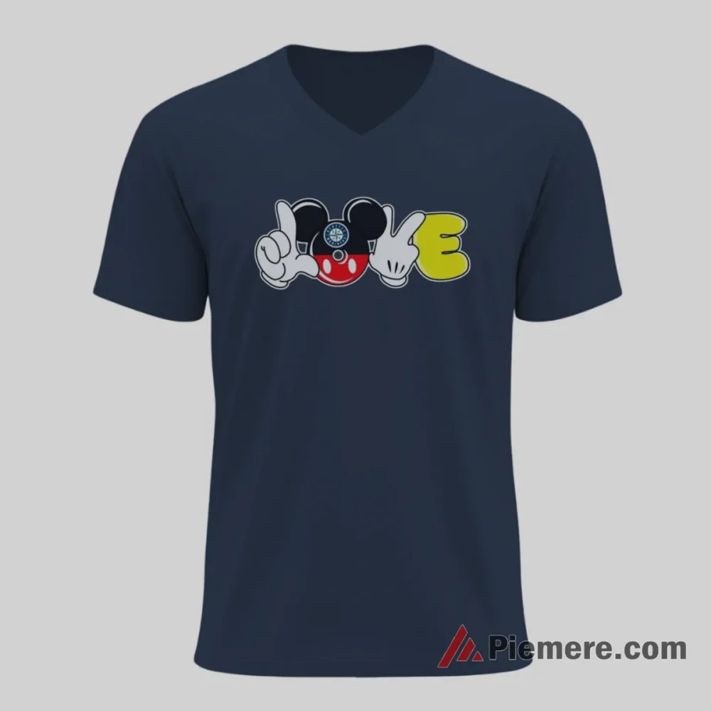 Mickey Mouse Love Gesture Seattle Mariners Fan Shirt on navy v-neck shirt for men graphic tee