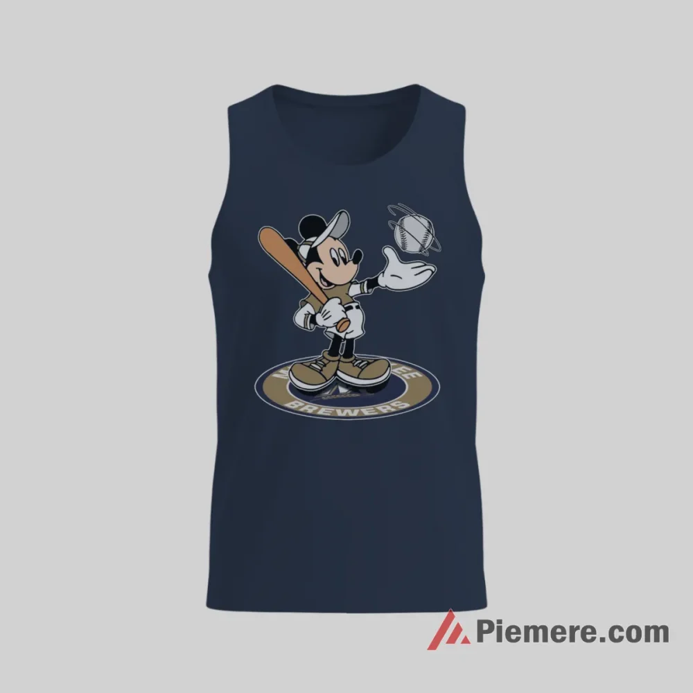 Mickey Mouse Milwaukee Brewers Baseball Cartoon Fan Shirt on navy tank top for men graphic tee