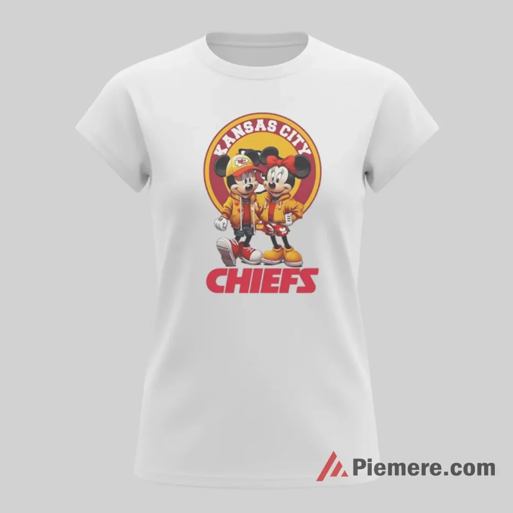 Mickey Mouse Minnie Mouse Kansas City Chiefs Fan Circle Shirt on white short sleeve shirt for women graphic tee