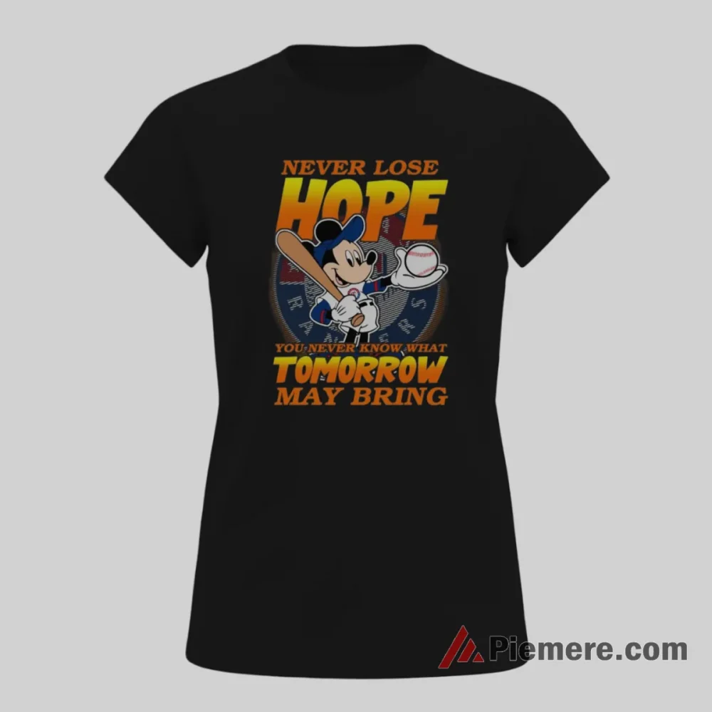 Mickey Mouse Never Lose Hope Texas Rangers Shirt on black short sleeve shirt for women graphic tee