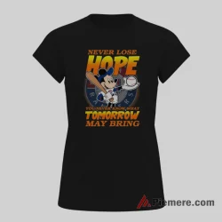 Mickey Mouse Never Lose Hope Texas Rangers Shirt on black short sleeve shirt for women graphic tee