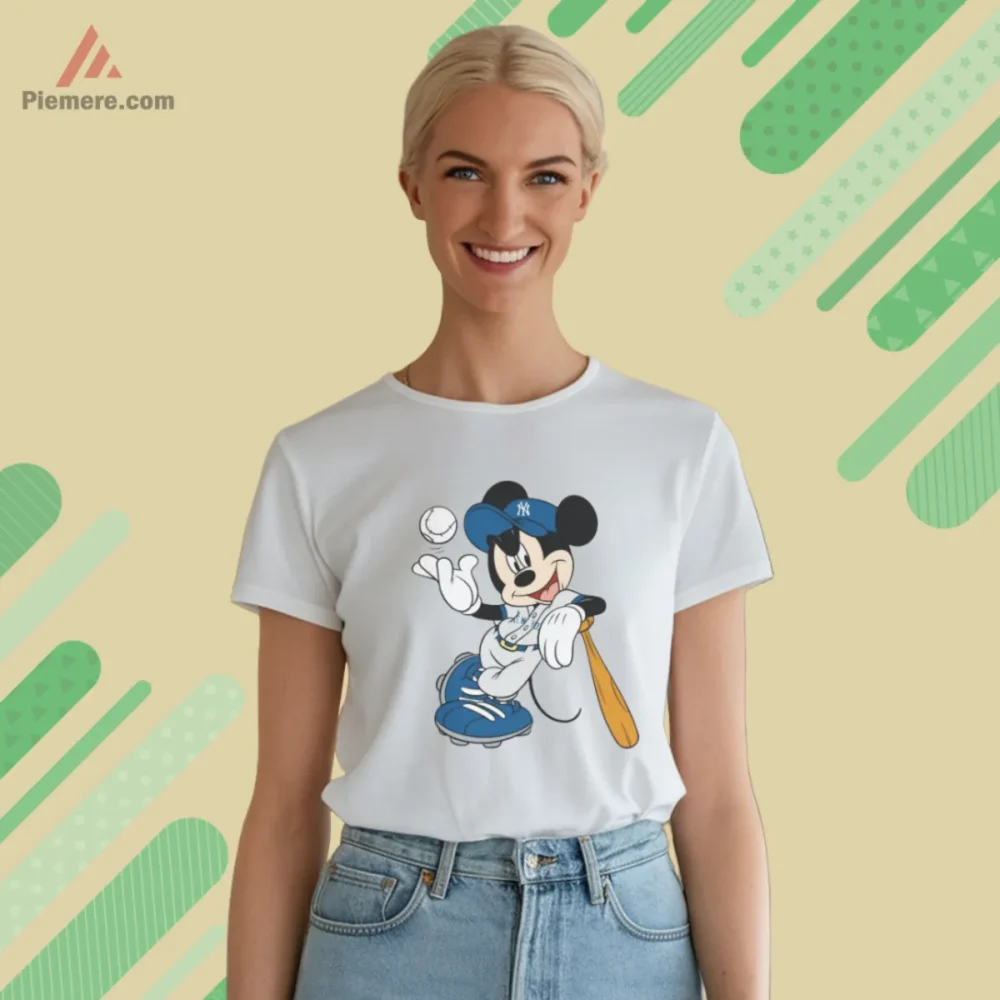 Mickey Mouse New York Yankees Shirt with cheerful baseball pose in white