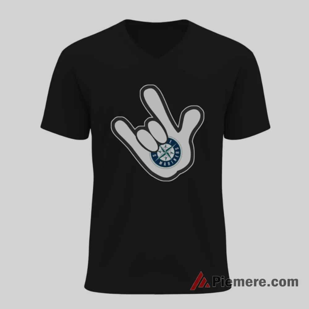 Mickey Mouse Rock Hand Seattle Mariners Fan Shirt on black v-neck shirt for men graphic tee