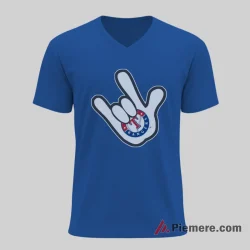Mickey Mouse Rock Hand Texas Rangers Fan Shirt on royal blue v-neck shirt for men graphic tee