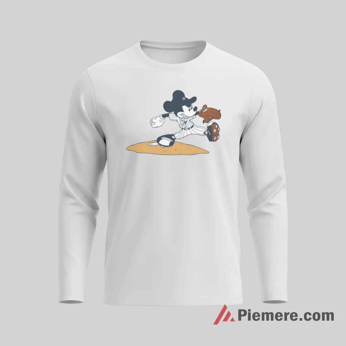 Mickey Yankees Infield Glove Play Action Shirt on white long sleeve shirt for men graphic tee