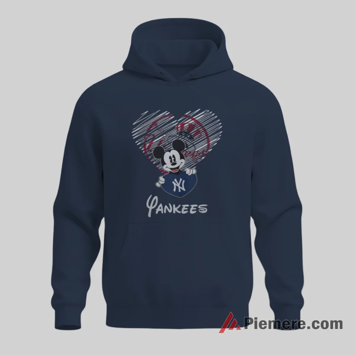 Mickey Yankees Love Scribble Heart Graphic Shirt on navy hoodie for men graphic tee