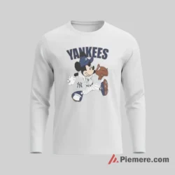 Mickey Yankees Pitcher Action Vintage Wordmark Shirt on white long sleeve shirt for men graphic tee
