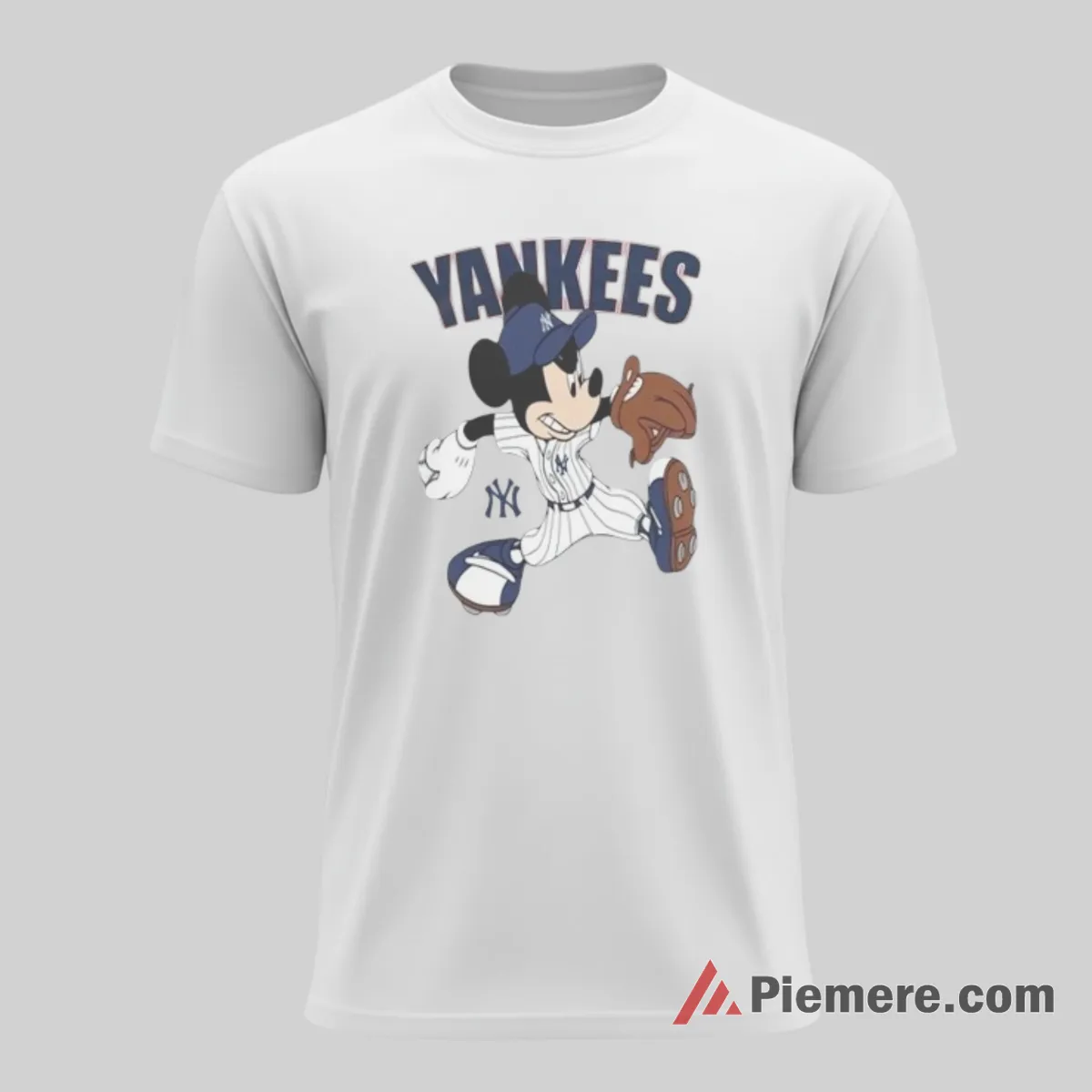 Mickey Yankees Pitcher Action Vintage Wordmark Shirt on white short sleeve shirt for men graphic tee