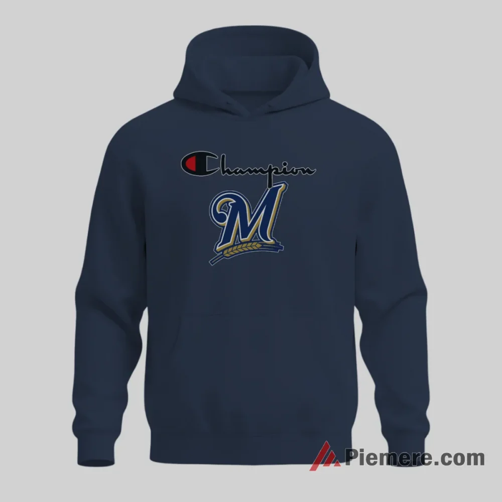 Milwaukee Brewers Champion Style Vintage Sports Logo Shirt on navy hoodie for men graphic tee