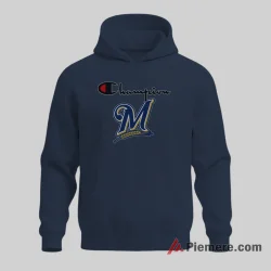 Milwaukee Brewers Champion Style Vintage Sports Logo Shirt on navy hoodie for men graphic tee