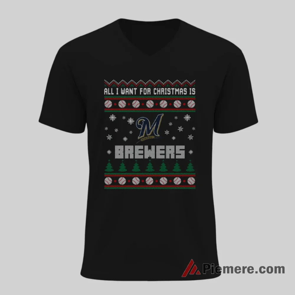 Milwaukee Brewers Christmas Ugly Sweater Style Fan Shirt on black v-neck shirt for men graphic tee