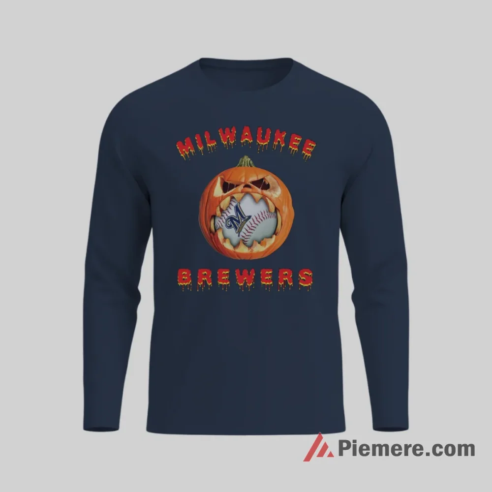 Milwaukee Brewers Halloween Pumpkin Baseball Fan Shirt on navy long sleeve shirt for men graphic tee