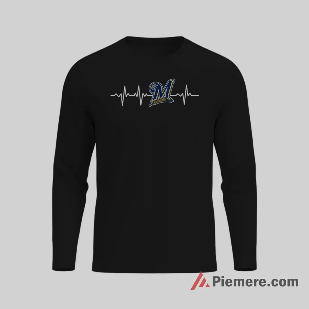 Milwaukee Brewers Heartbeat Baseball Fan Shirt on black long sleeve shirt for men graphic tee