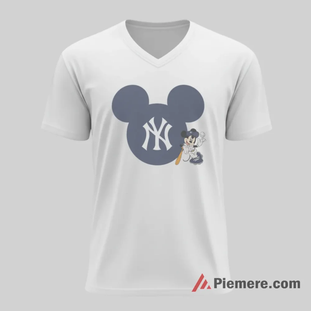 Minimal Mickey Head Ny Emblem Yankees Shirt on white v-neck shirt for men graphic tee