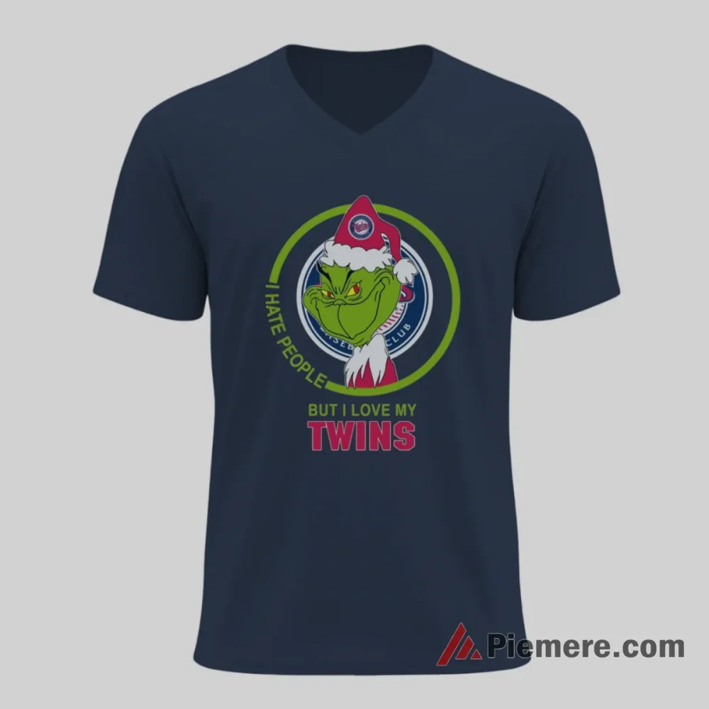 Minnesota Twins Christmas Grinch I Hate People But I Love My Twins Shirt on navy v-neck shirt for men graphic tee