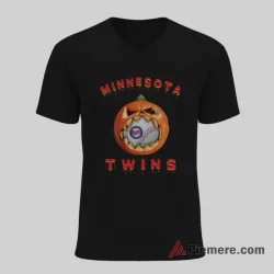 Minnesota Twins Halloween Pumpkin Baseball Shirt on black v-neck shirt for men graphic tee
