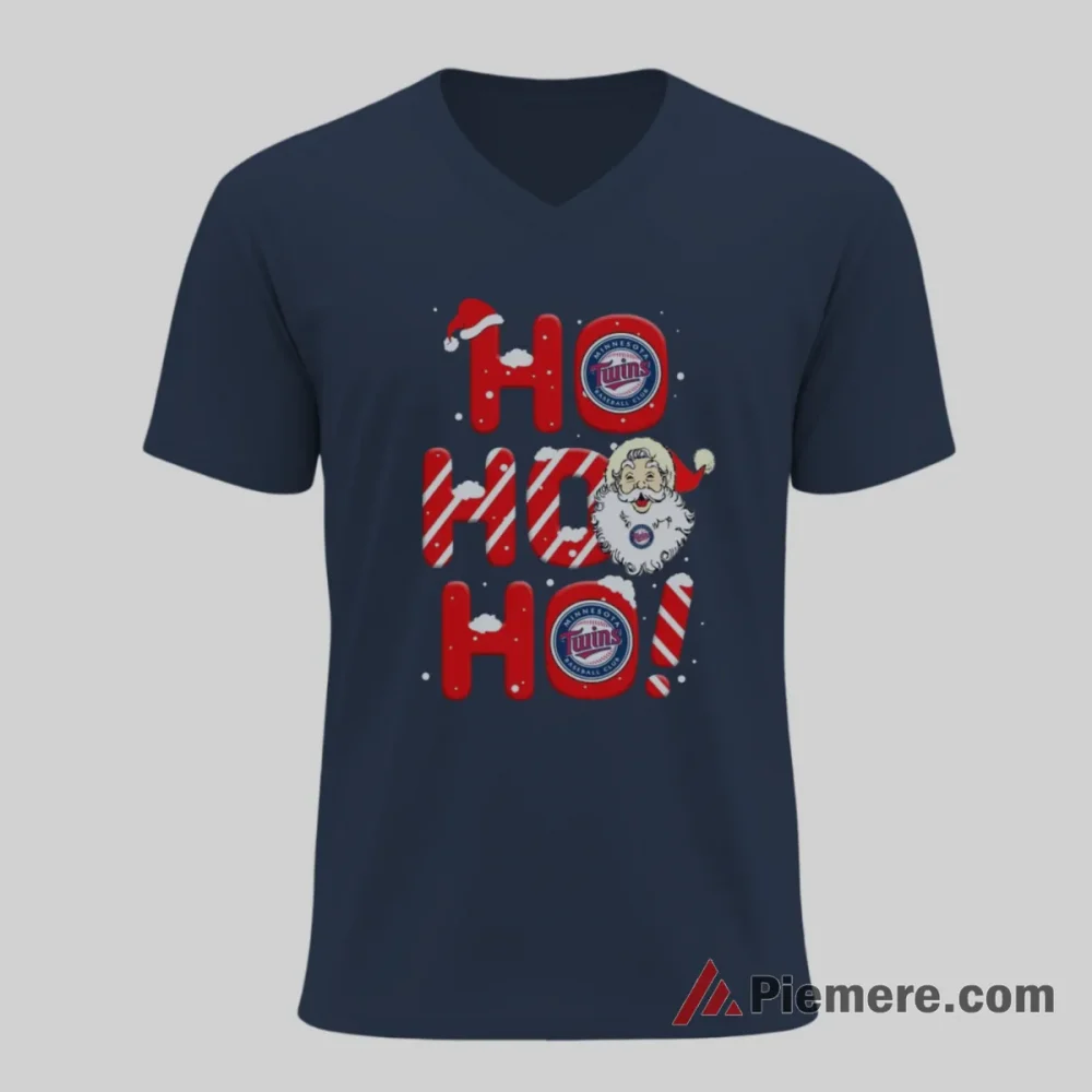 Minnesota Twins Ho Ho Ho Santa Claus Christmas Baseball Shirt on navy v-neck shirt for men graphic tee
