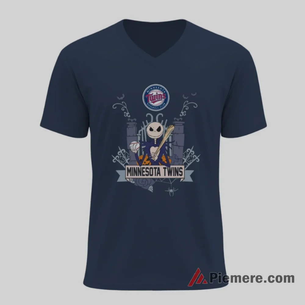 Minnesota Twins Jack Skellington Halloween Baseball Shirt on navy v-neck shirt for men graphic tee