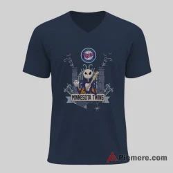 Minnesota Twins Jack Skellington Halloween Baseball Shirt on navy v-neck shirt for men graphic tee