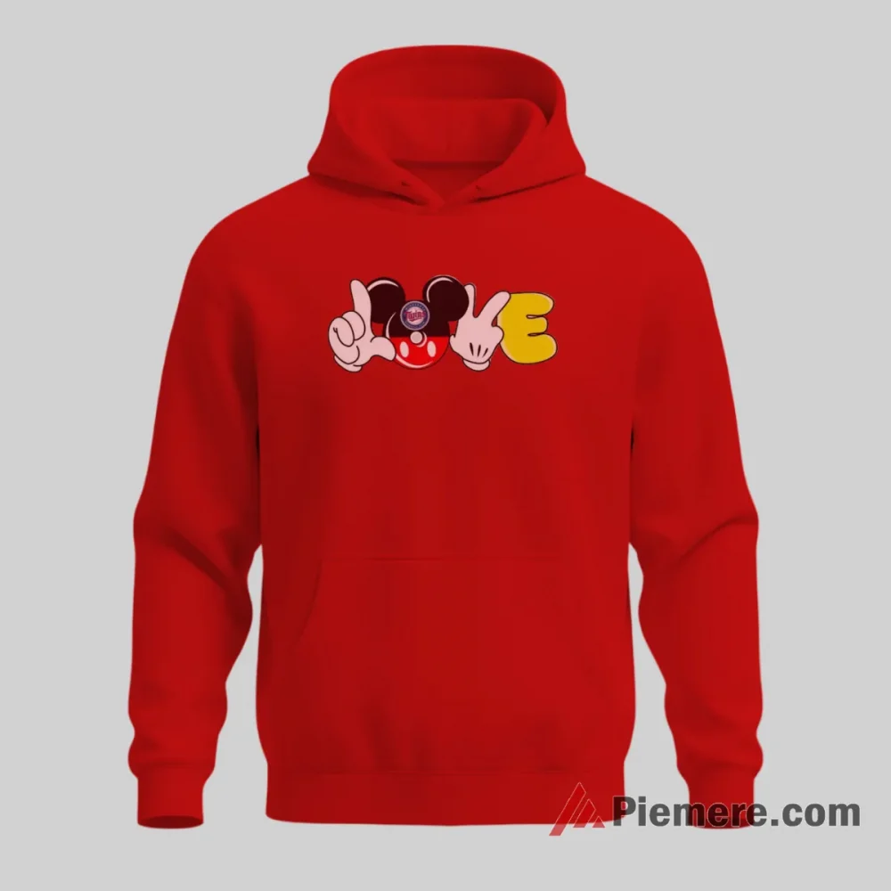 Minnesota Twins Love Theme Mickey Mouse Fan Shirt on red hoodie for men graphic tee