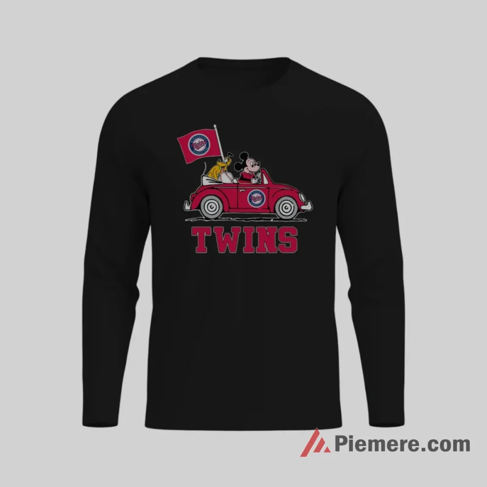 Minnesota Twins Mickey Mouse And Pluto Road Trip Baseball Shirt on black long sleeve shirt for men graphic tee