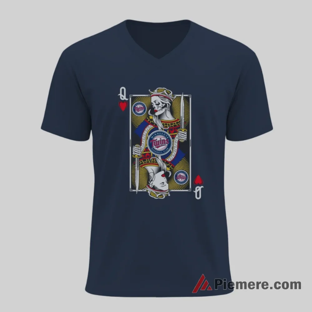 Minnesota Twins Queen Of Hearts Playing Card Baseball Shirt on navy v-neck shirt for men graphic tee