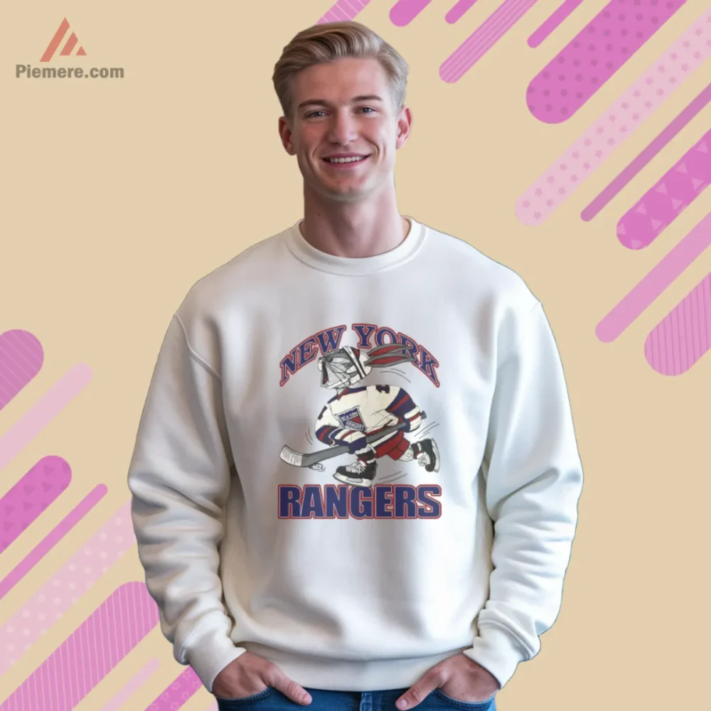 New York Rangers Bugs Bunny Shirt with playful hockey pose in team colors
