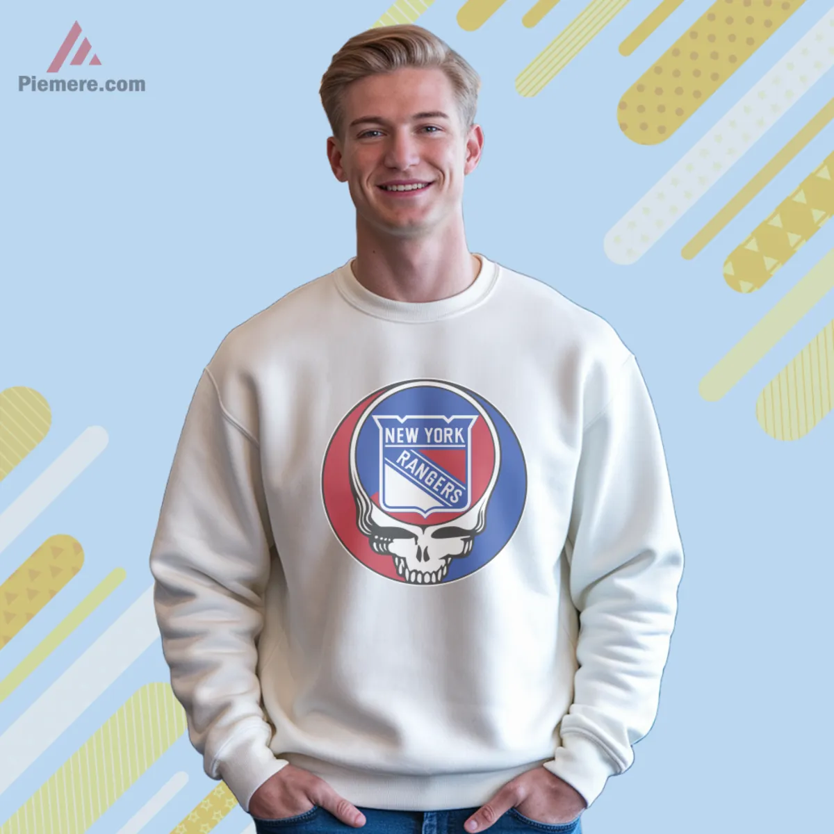 White sweatshirt featuring Rangers crest in a Grateful Dead skull circle