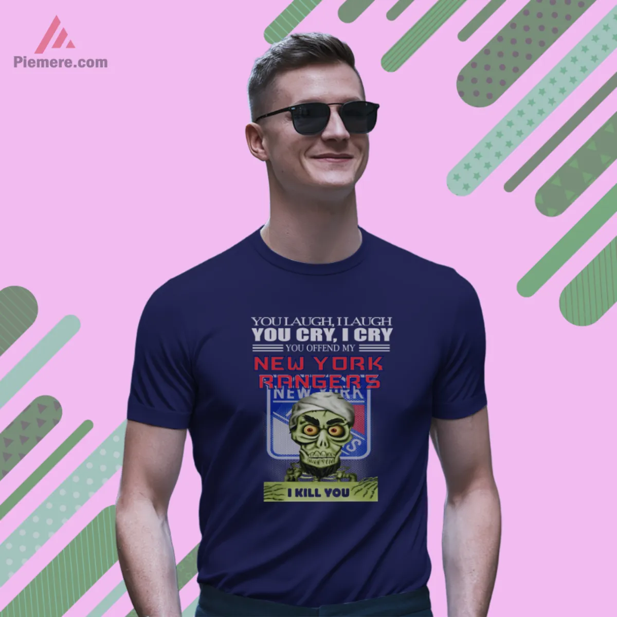 Short sleeve navy tee with New York Rangers Jeff Dunham quote layout