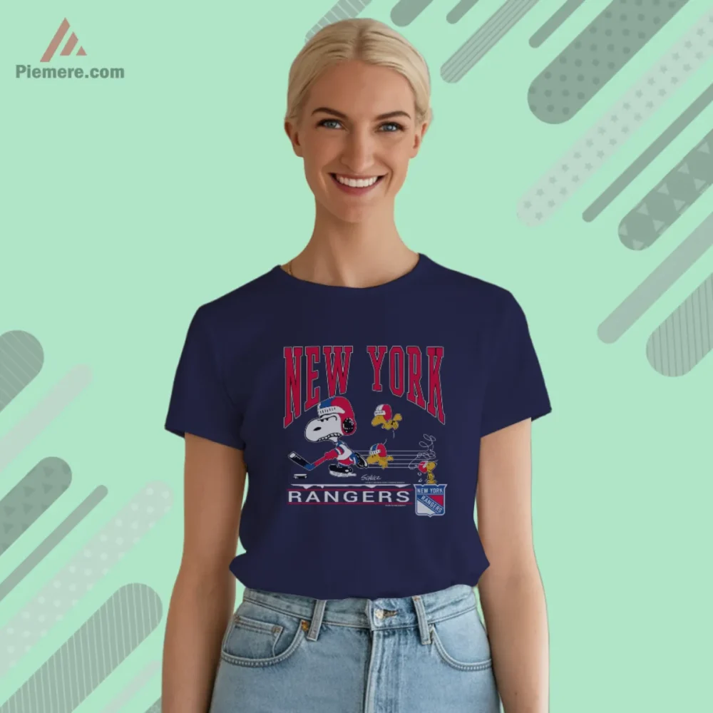 New York Rangers Snoopy Hockey Shirt on navy with Snoopy skating and bold New York text