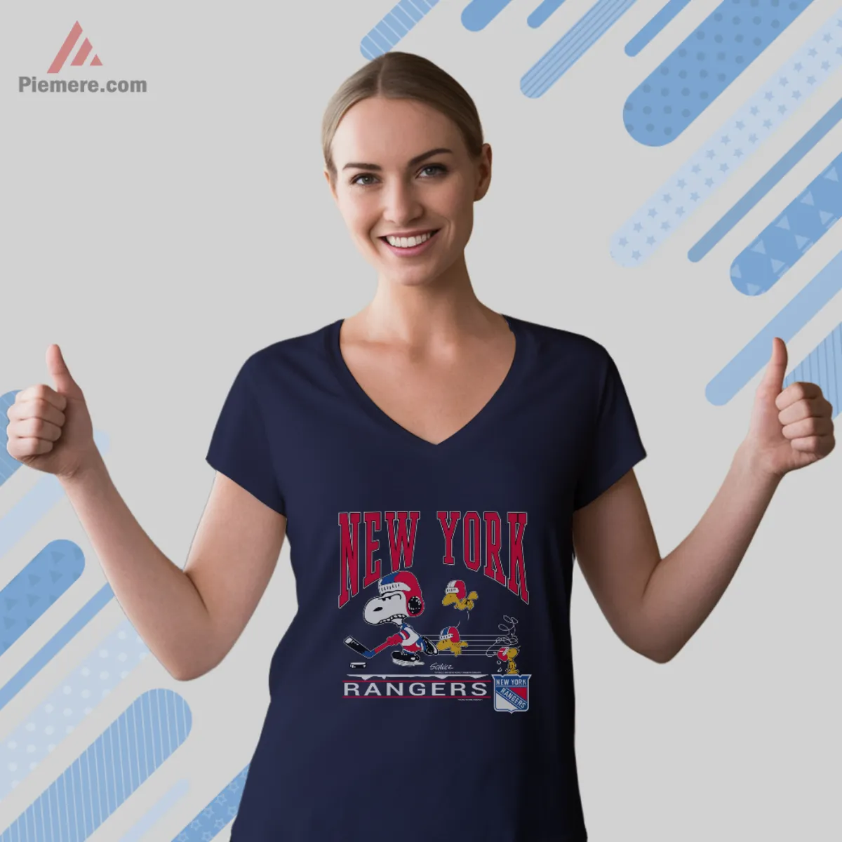 V neck navy tee with Snoopy skating and Rangers badge
