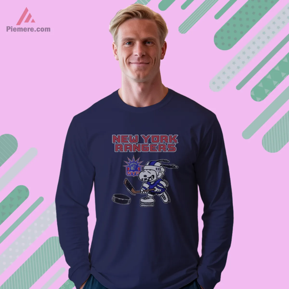 Long sleeve navy top with Snoopy skating for the Rangers